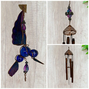 New Windhorse Hummingbird Glass Copper Wire Wind Chimes 30" Artisan Made NWT